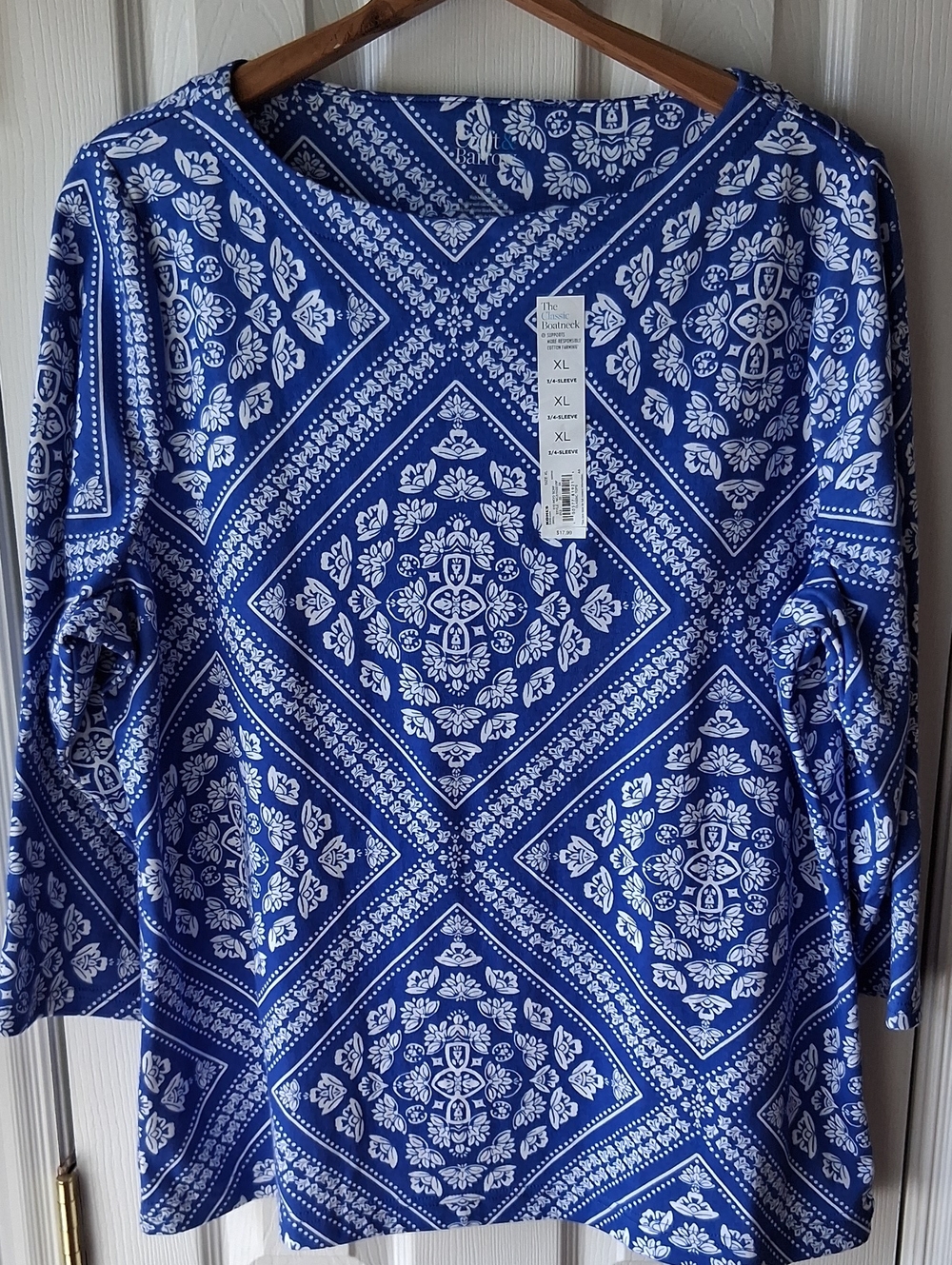 NWT Croft & Barrow Classic Boatneck 3/4 Sleeve 100% Cotton Blue Bandana Print
